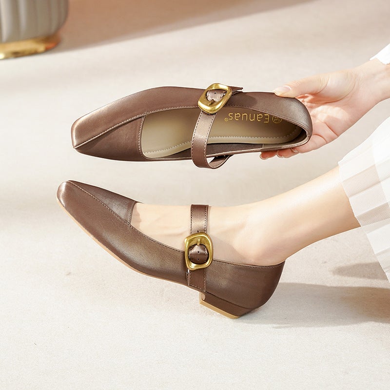 French Square Toe Single Shoes Thick Heeled Mary Jane Shoes Style Mother Shoes Elegant Work Shoes With Skirt Belt - Image 3